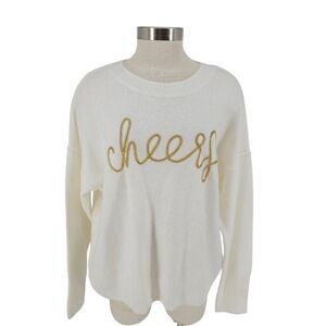 Vince Camuto Holiday Sweater Ivory Beaded Cheers Long Sleeve Knit Pullover Large